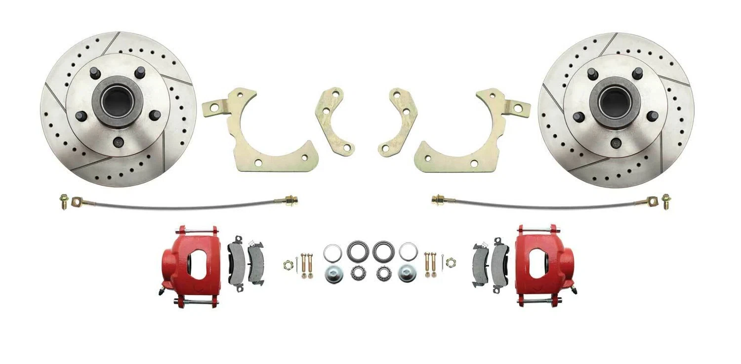 Fits 1955-1958 GM Full Size Disc Brake Kit Drilled_Slotted Rotors-Red DBK5558LXR